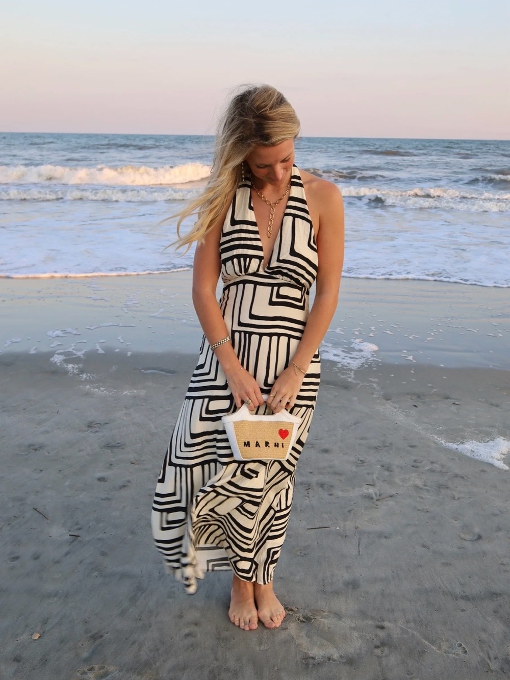 Black & White Geometric Halter Maxi Dress